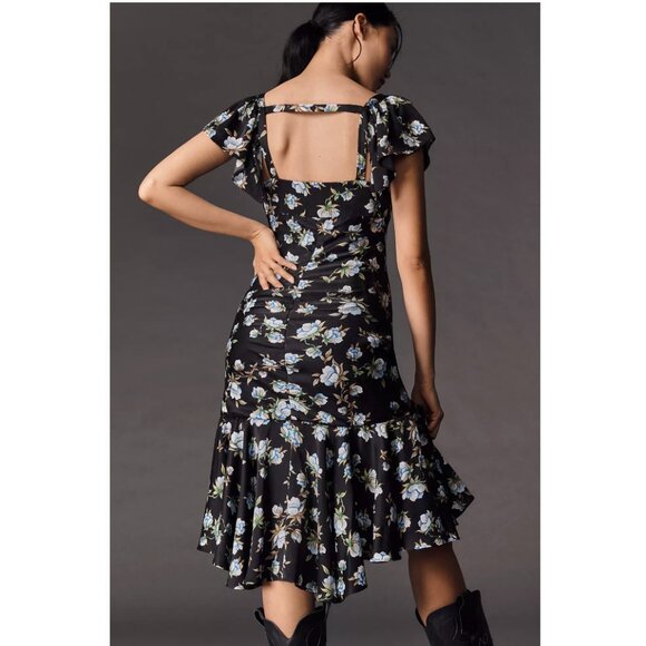 By Anthropologie Sweetheart Ruched Drop-Waist Dress  Black Blue Floral XL - Picture 2 of 3